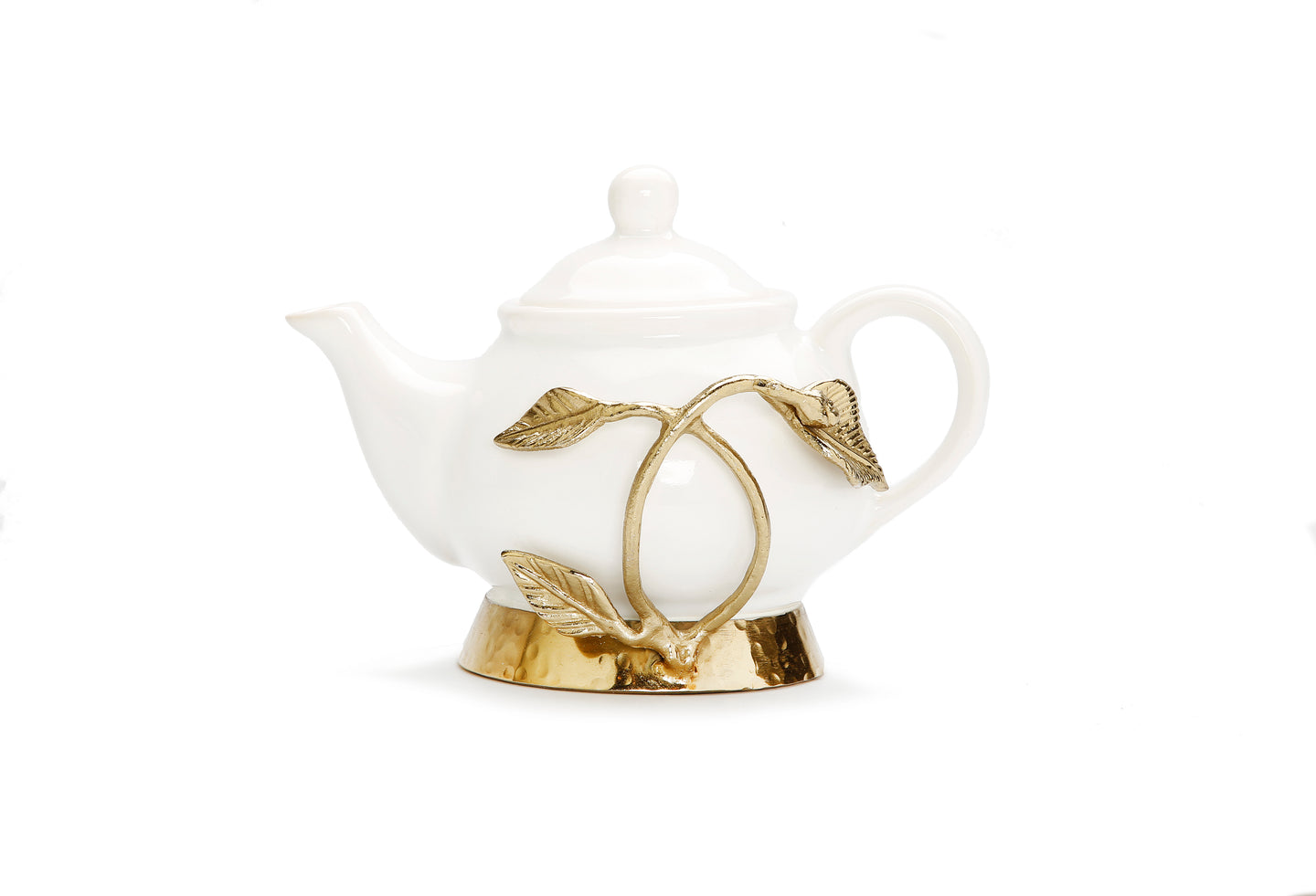 White Tea Kettle with Leaf Design Ornament