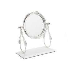 Load image into Gallery viewer, Table Mirror Silver leaf Border White 
Marble Base 12&quot; x 5.5&quot; 8&quot;H