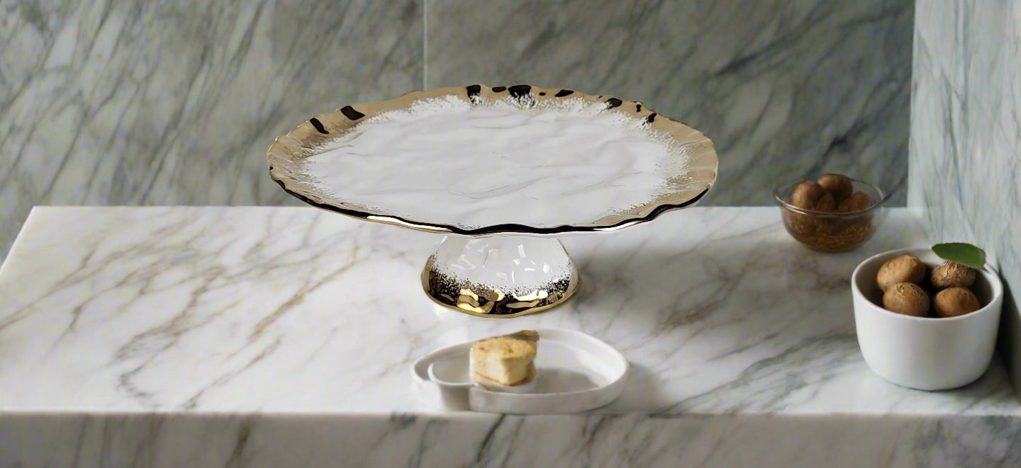White Porcelain Cake Stand with Gold Edge, 13.25