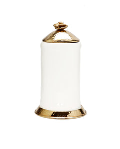 Large White Glass Canister Gold Hammered Lid and Base 
Flower Knob