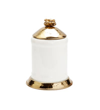 Load image into Gallery viewer, Small White Glass Canister Gold Hammered Lid and Base Flower Knob, 8&quot;H