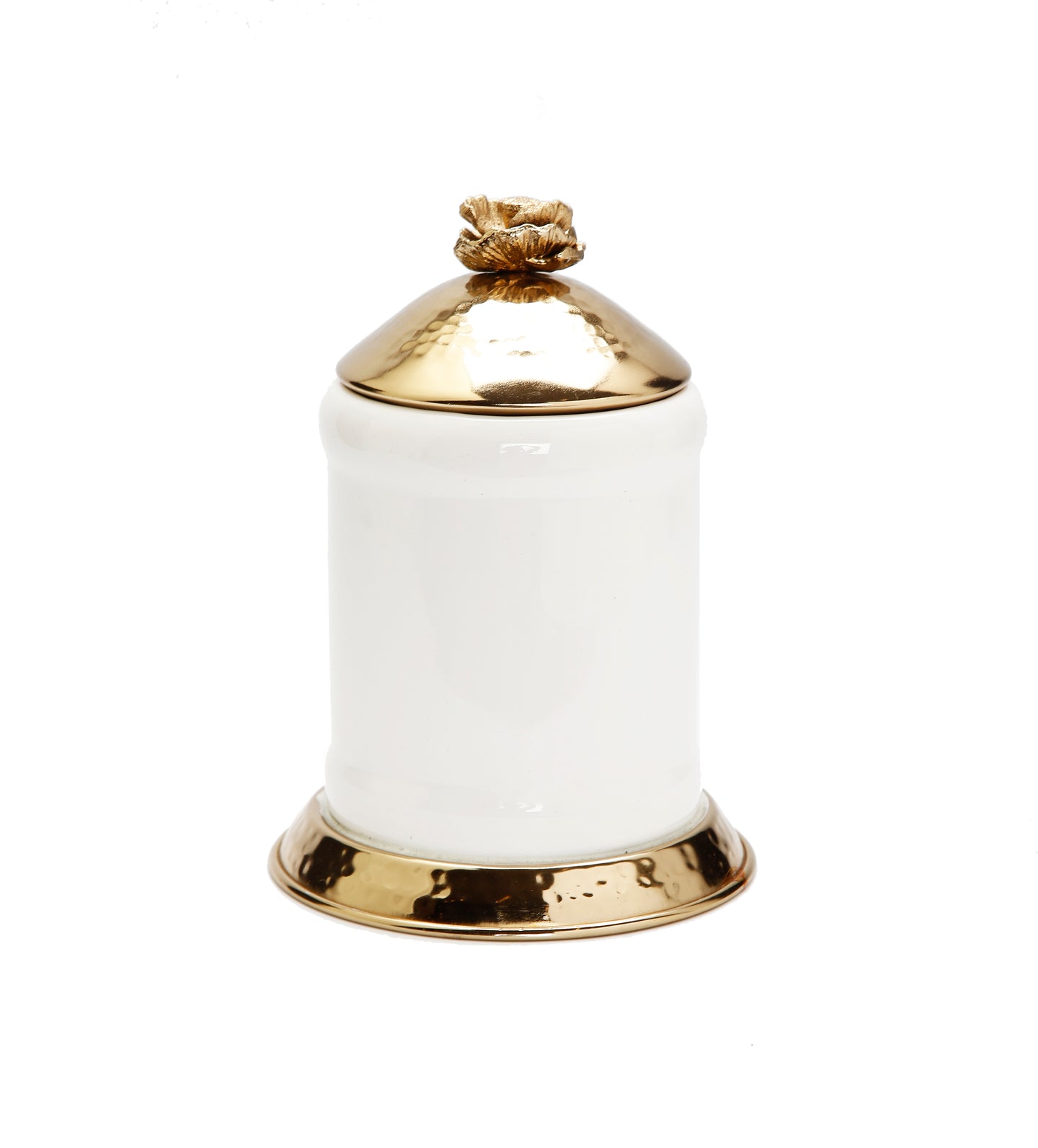 Small White Glass Canister Gold Hammered Lid and Base Flower Knob, 8