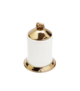 Small White Glass Canister Gold Hammered Lid and Base Flower Knob, 8"H