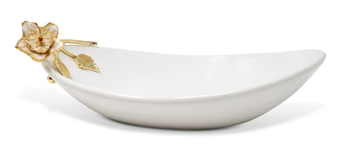 Porcelain Oval Bowl with Gold Flower Detail, 11