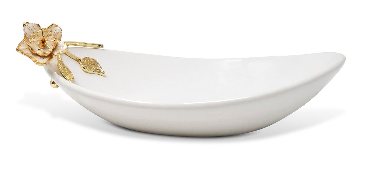 Porcelain Oval Bowl with Gold Flower Detail, 11