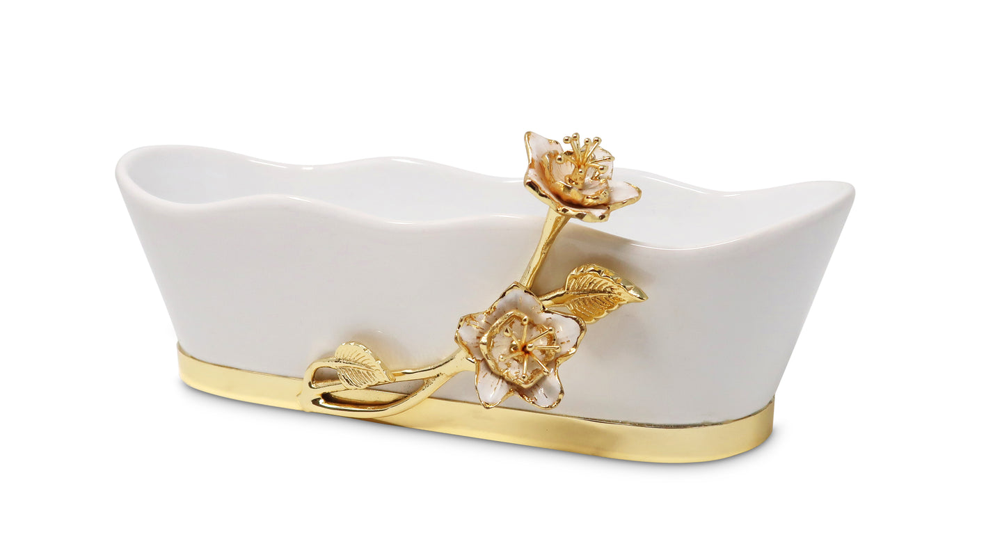 Porcelain Rectangle Bowl with Gold Flower Detail, 11