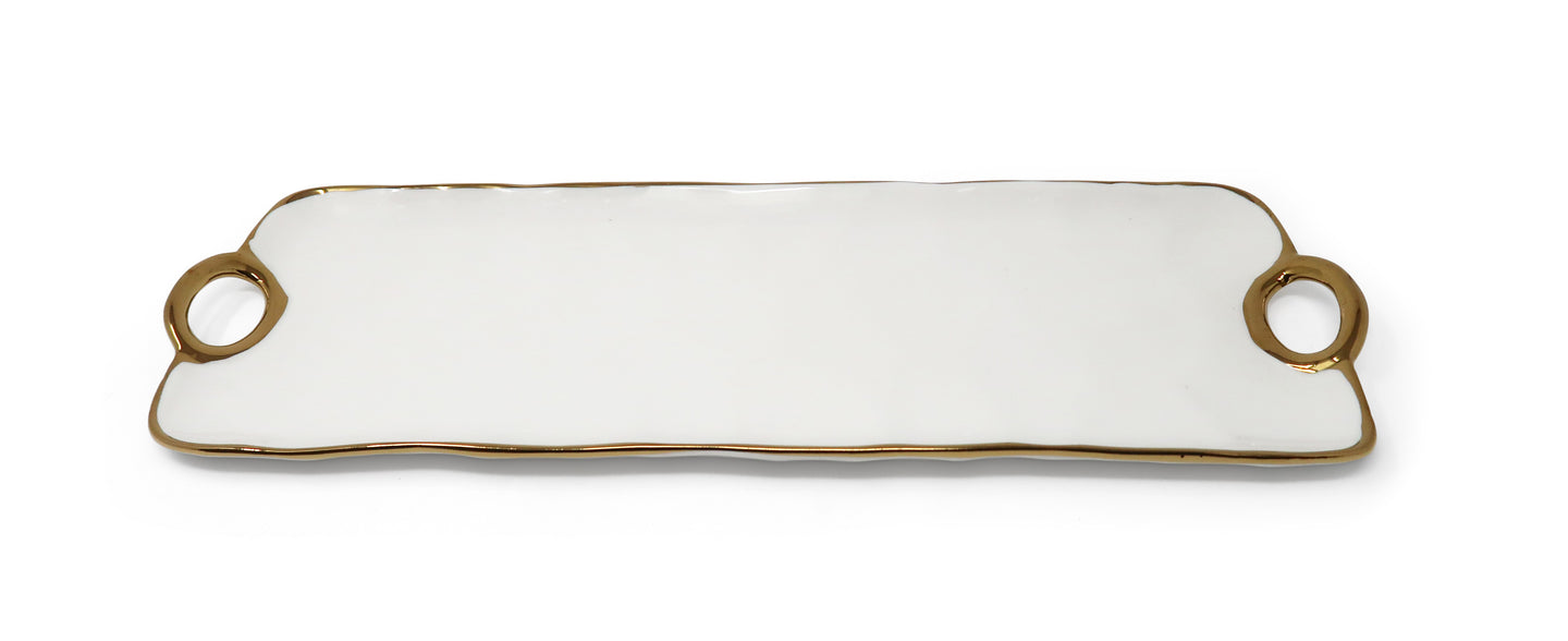 White Porcelain Oblong Tray with Gold Trim and Handles 15.25