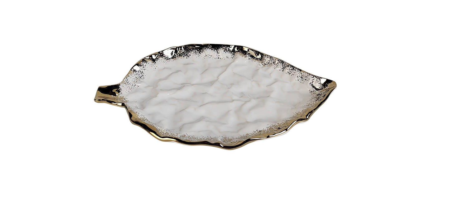 White Porcelain Leaf Dish With Gold Edge, 15
