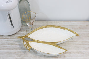 White Porcelain Leaf Relish Dish with Gold Rim