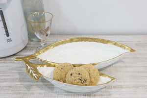 White Porcelain Leaf Relish Dish with Gold Rim