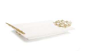 White Rectangular Tray with Gold Coral Design Handles