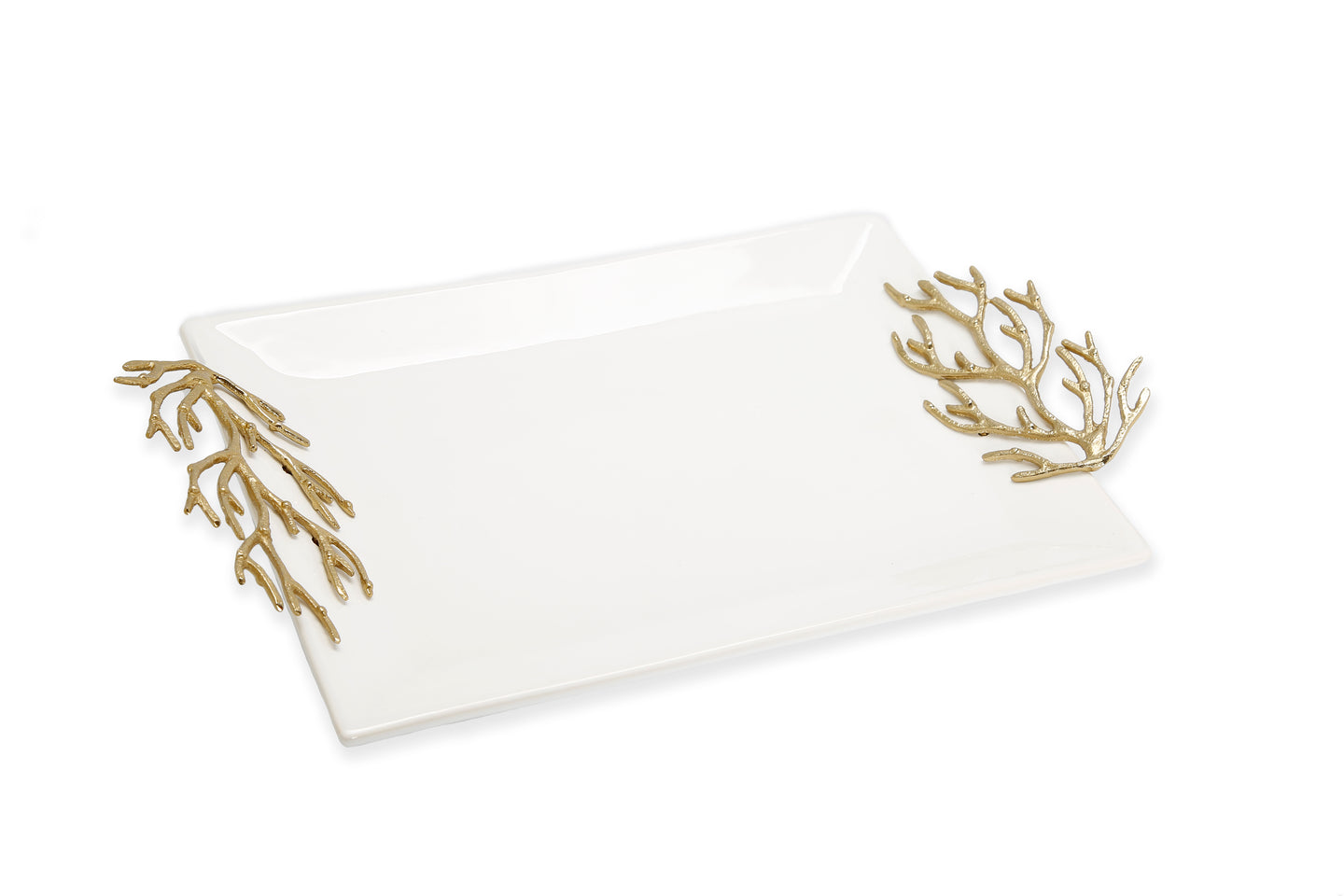 White Rectangular Tray with Gold Coral Design Handles