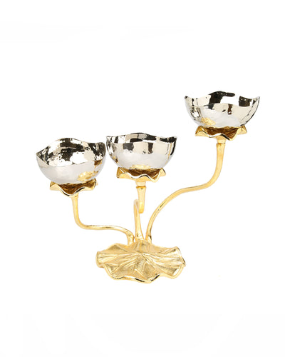 3 Bowl Stainless Steel Relish Dish with Gold Lotus Foot