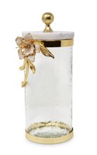 Load image into Gallery viewer, Hammered Glass Canister with White Enamel and Gold Leaf Flower, Marble Lid with Gold knob (3 sizes)
