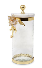 Load image into Gallery viewer, Hammered Glass Canister with White Enamel and Gold Leaf Flower, Marble Lid with Gold knob (3 sizes)