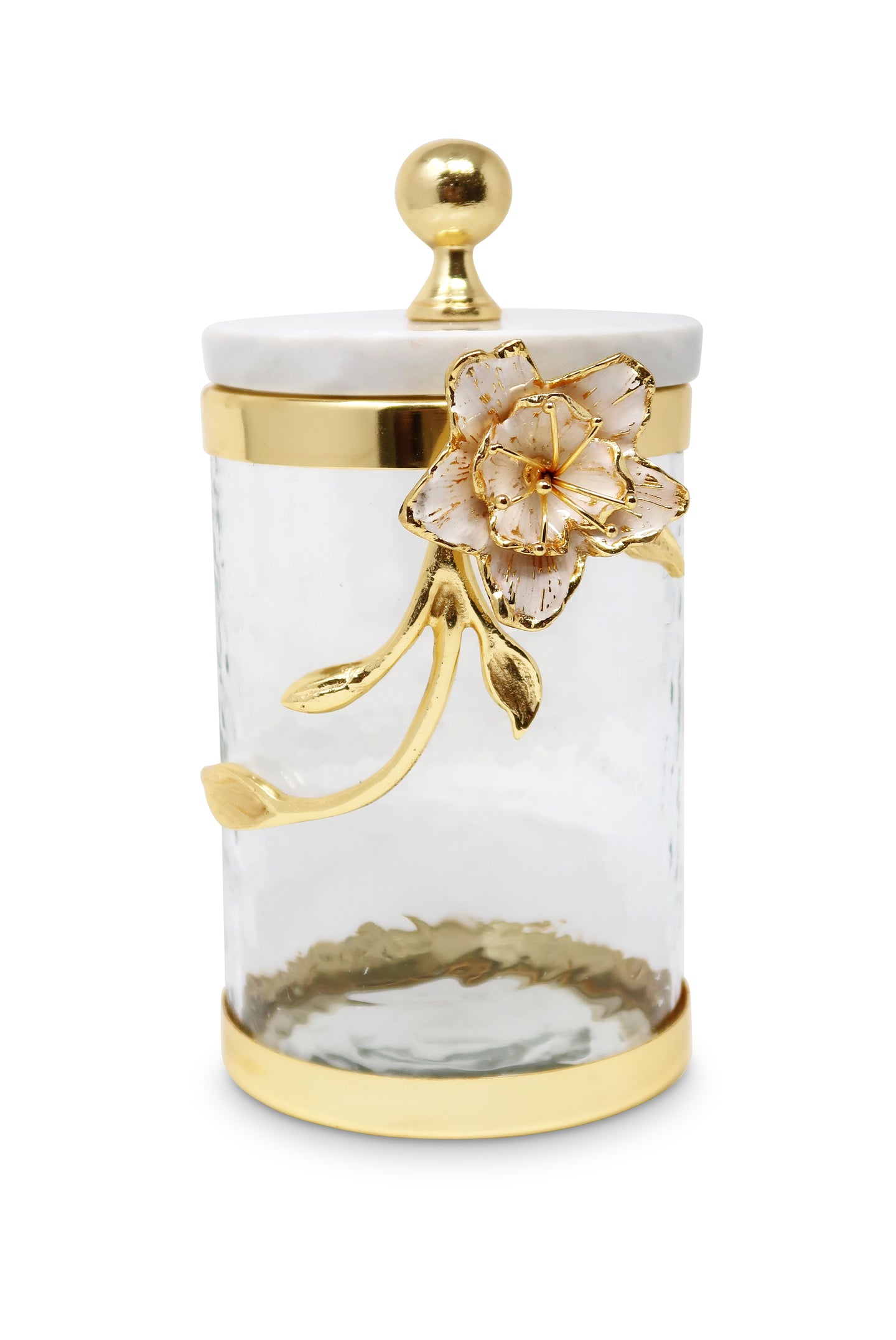 Hammered Glass Canister with White Enamel and Gold Leaf Flower, Marble Lid with Gold knob (3 sizes)