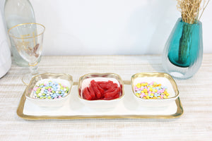 White Porcelain Relish Dish with 3 Square Bowls with Gold Trim