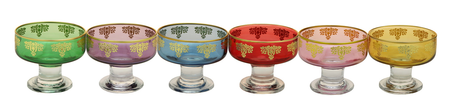 Set of 6 Assorted Colored Dessert Bowls with Rich Gold Design