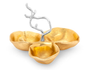 10.25"D Gold 3 Bowl Relish Dish with Silver Branch