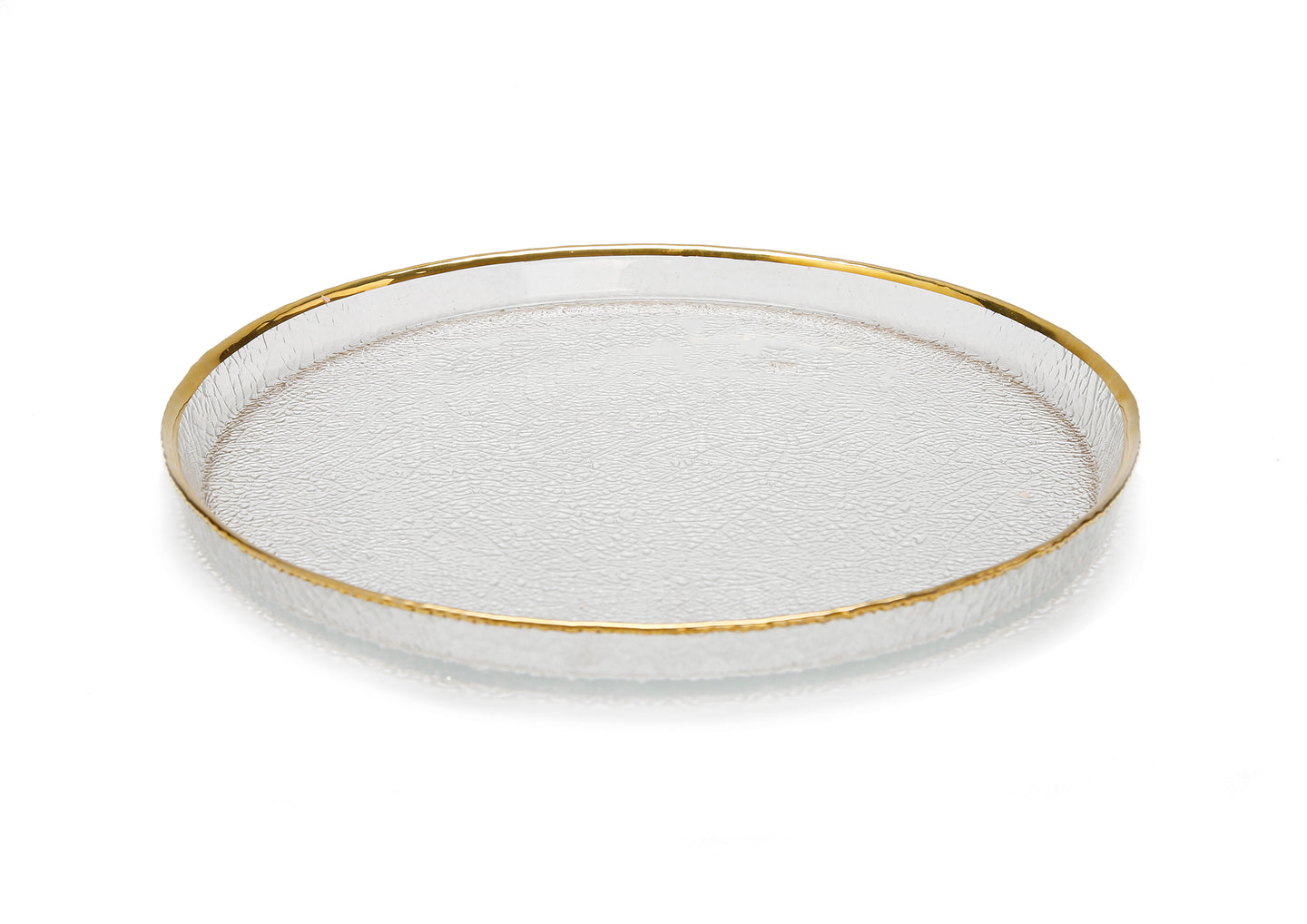 Set of 4 Pebbled Glass Dinner Plates Raised Rim with Gold Border
