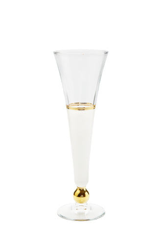 Set of 6 White Flutes with Gold Ball and Clear Stem