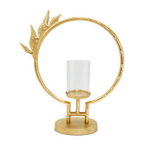 Gold Geometric Circle Hurricane Candle Holder Leaf Design