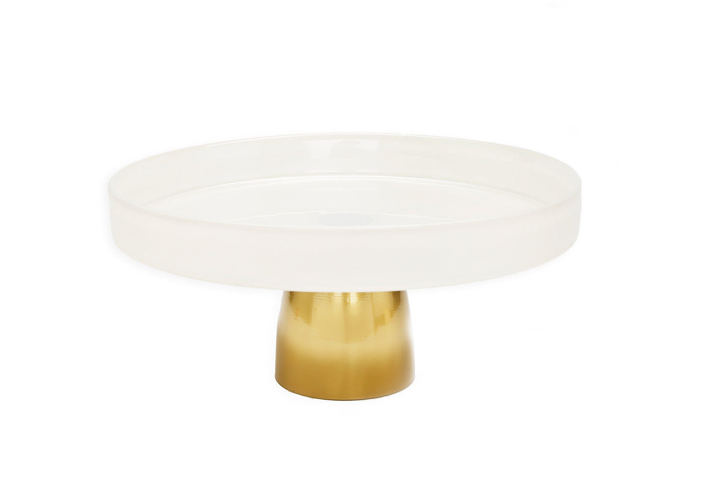 Small White Glass Cake Plate on Gold Stem