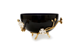 Black Glass Bowl with Gold Flower Detail