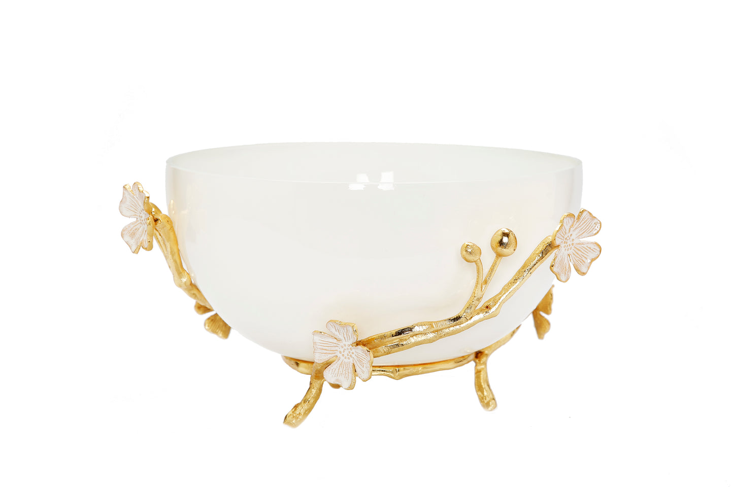 White Glass Bowl with Gold Flower Detail