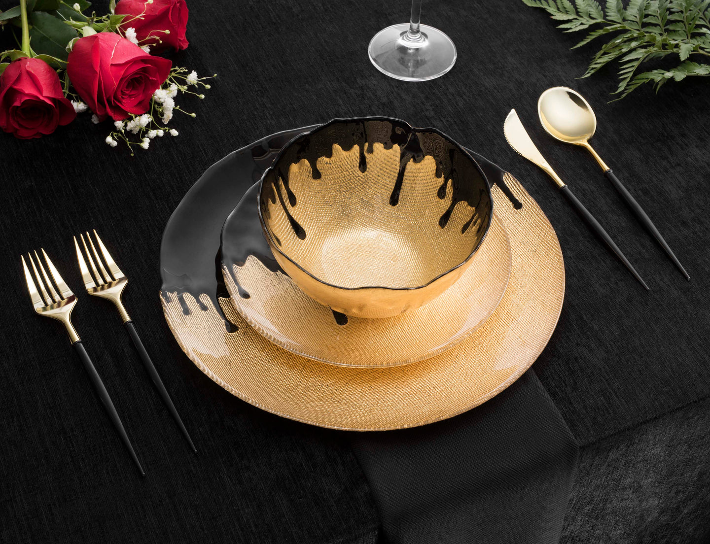 Set Of 12 Dinnerware Gold With Black Dipped Design