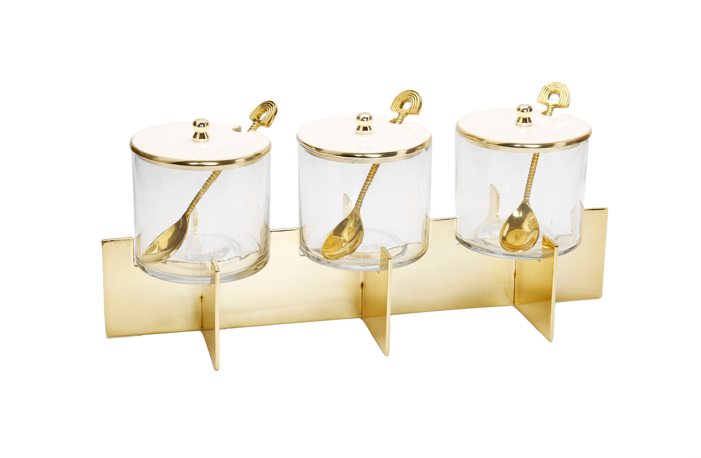 Three Glass Canister Set White Lids Gold Block Base
