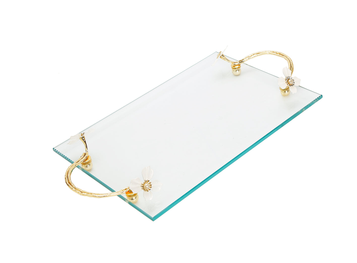 Glass Tray with White Jeweled Flower Handles