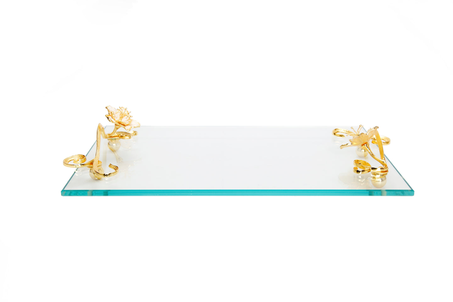Glass Tray with Jewel Flower Handles