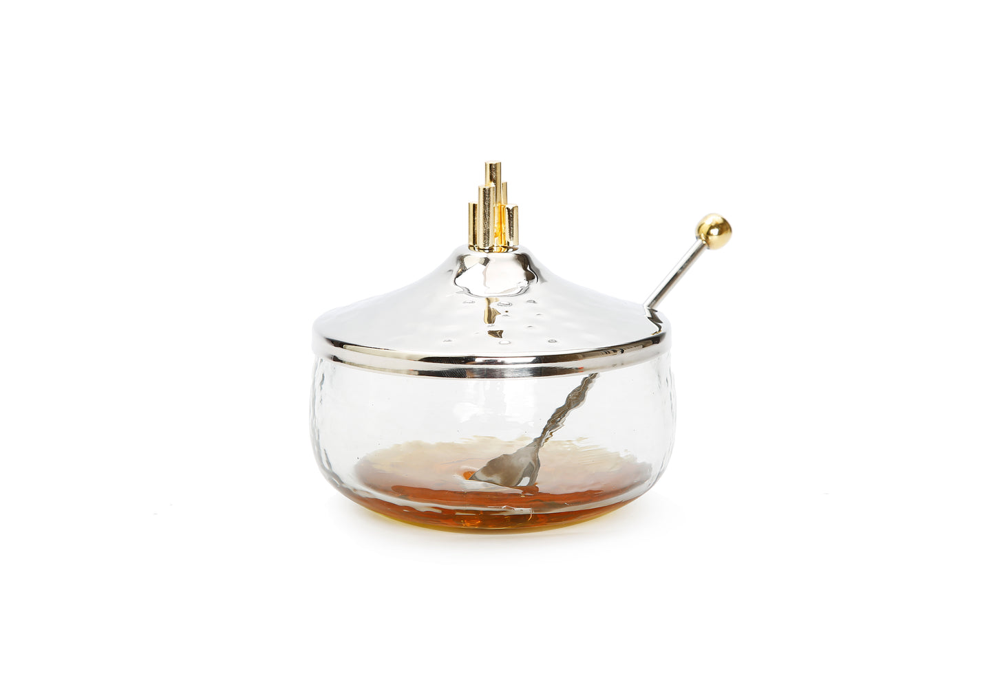 Honey Dish w/ Stainless Steel Lid and Gold Symmetric Design