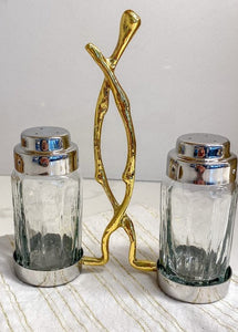 Glass Salt and Pepper Set with Gold Twig Design - 4"L x 2"W x 7.5"H