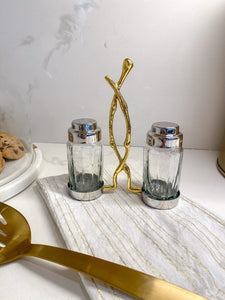 Glass Salt and Pepper Set with Gold Twig Design - 4"L x 2"W x 7.5"H