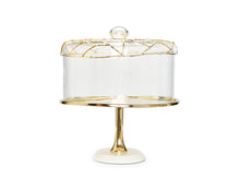 Load image into Gallery viewer, Gold Cake Tray Glass Dome, White Marble Base Mesh Design