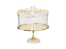 Load image into Gallery viewer, Gold Cake Tray Glass Dome, White Marble Base Mesh Design