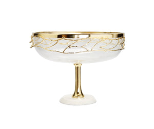 Footed Bowl White Marble Base Gold Mesh Design 9.5"D