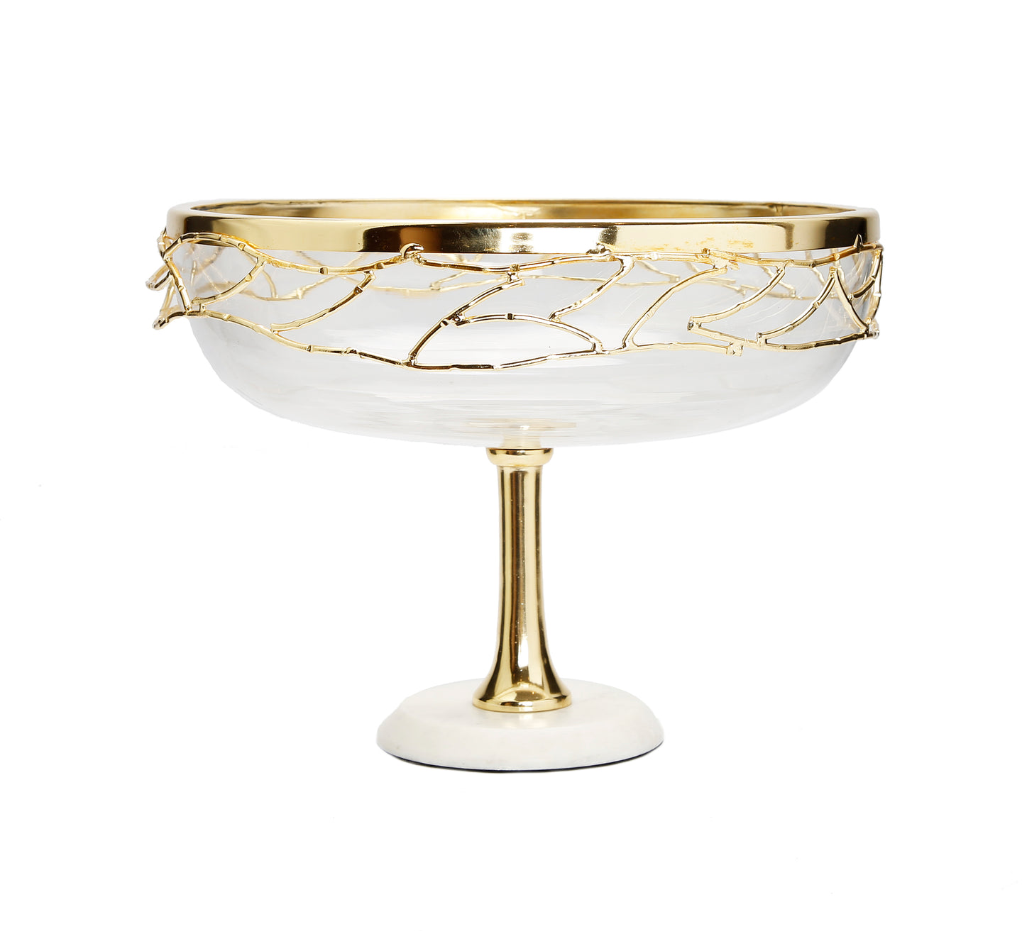 Footed Bowl White Marble Base Gold Mesh Design 9.5