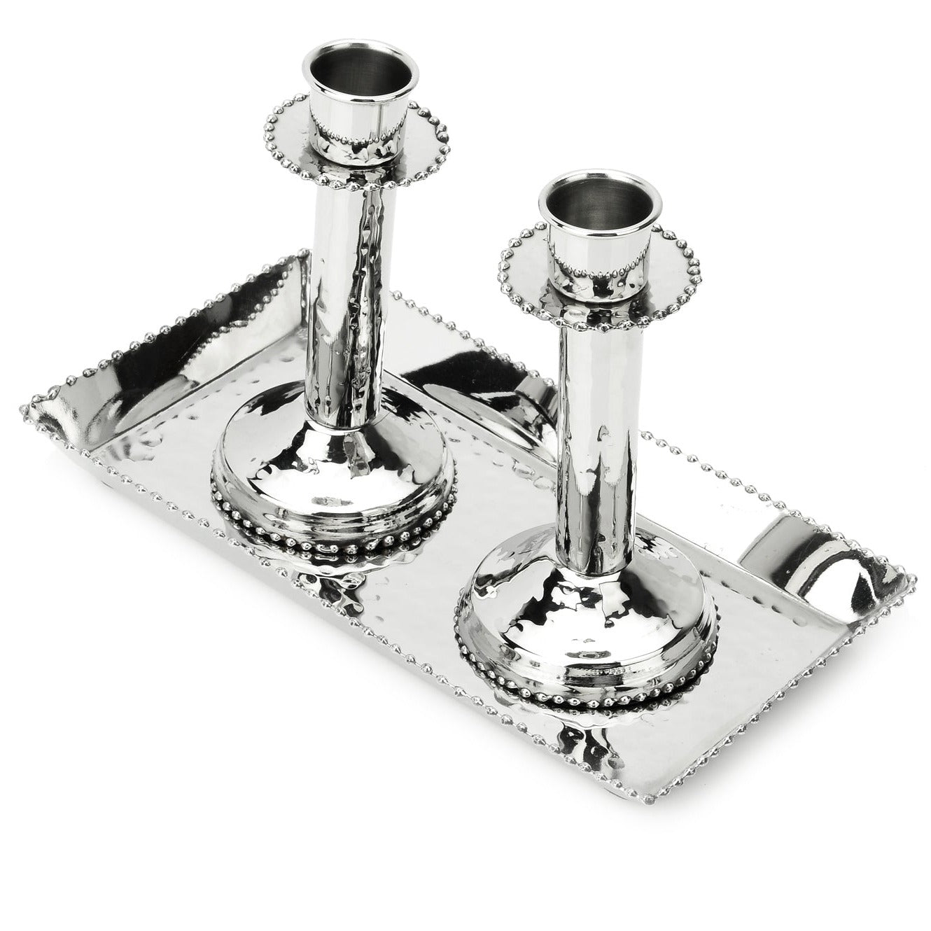 Two Candlesticks with Beaded Design on Tray