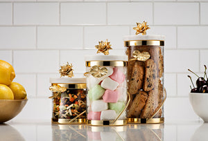 Canister with Gold Heart Detail and Marble Lid/Flower Knob