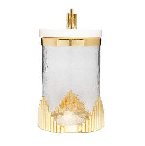 Large Glass Canister with Marble Lid and Symmetrical Gold Design