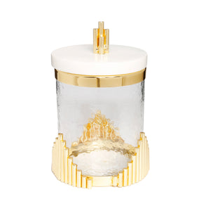 Small Glass Canister with Marble Lid and Symmetrical Gold Design