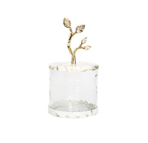 Short Glass Canister with White/Gold Marble Lid and Leaf Handle