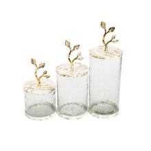 Load image into Gallery viewer, Short Glass Canister with White/Gold Marble Lid and Leaf Handle