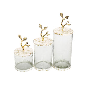 Large Glass Canister with White/Gold Marble Lid and Leaf Handle