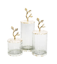 Load image into Gallery viewer, Short Glass Canister with White/Gold Marble Lid and Leaf Handle