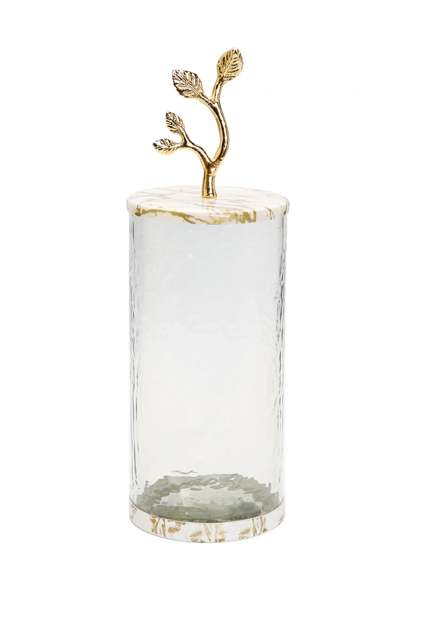 Large Glass Canister with White/Gold Marble Lid and Leaf Handle