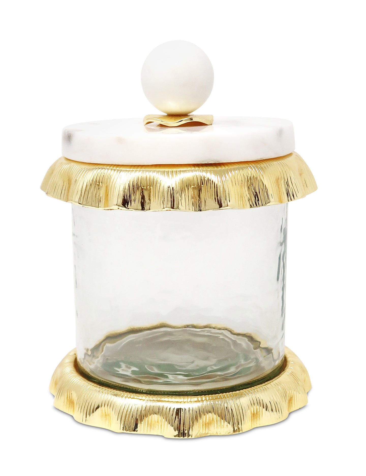 Hammered Glass Canister with Lined Ruffle and Marble Lid